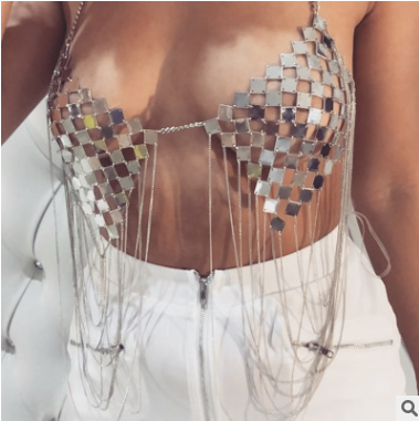 Women’s Geometric Metal Chest Body Chain – Gold & Silver Heart Statement Necklace, 221g