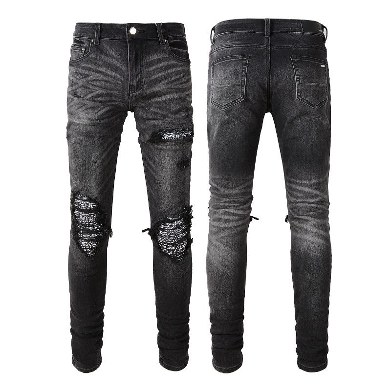 Men’s Pleated Cashew Flower Jeans – Cotton Micro-Stretch Slim-Fit Black Denim Pants, Sizes 28–40