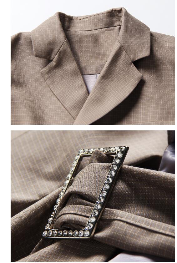 Women’s Designer Khaki Plaid Blazer – Slim-Fit Hollow-Out Long Tailored Jacket, S–L
