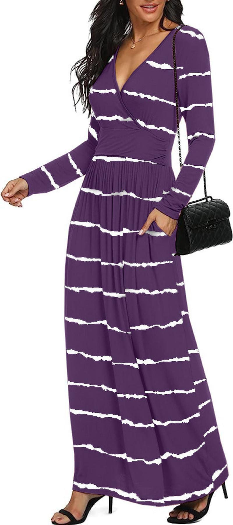 Women’s Geometric Striped Long Dress – Flowing Polyester Casual Maxi Dress, S–5XL