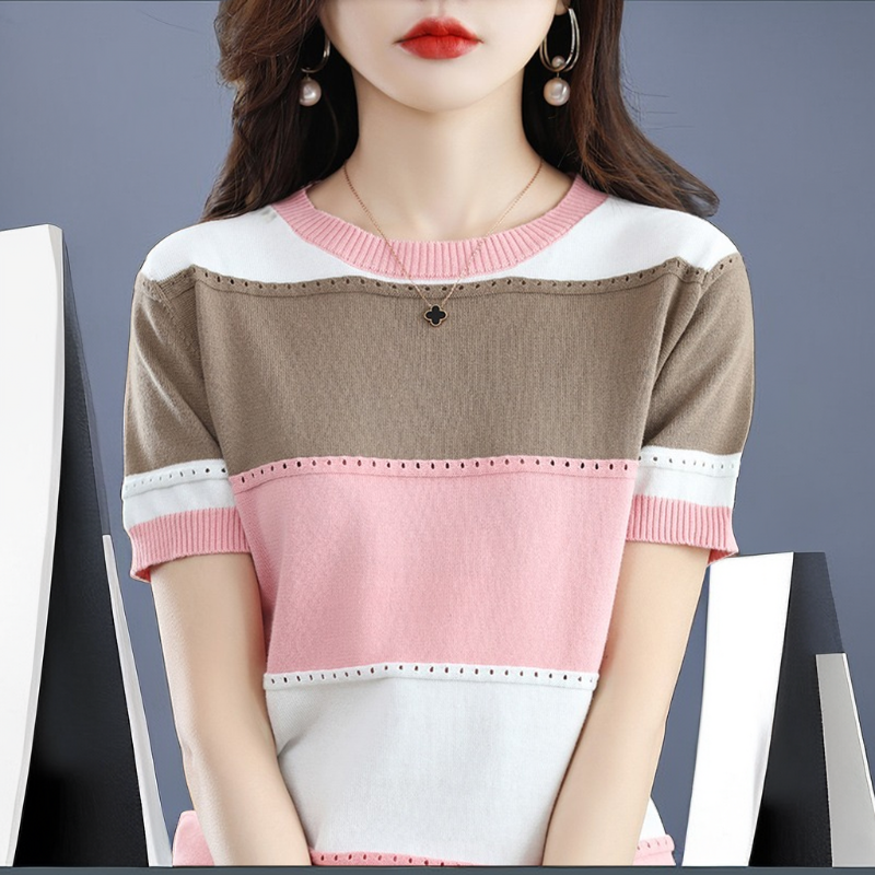 Cotton Contrast Panel Casual Knit T-Shirt for Women