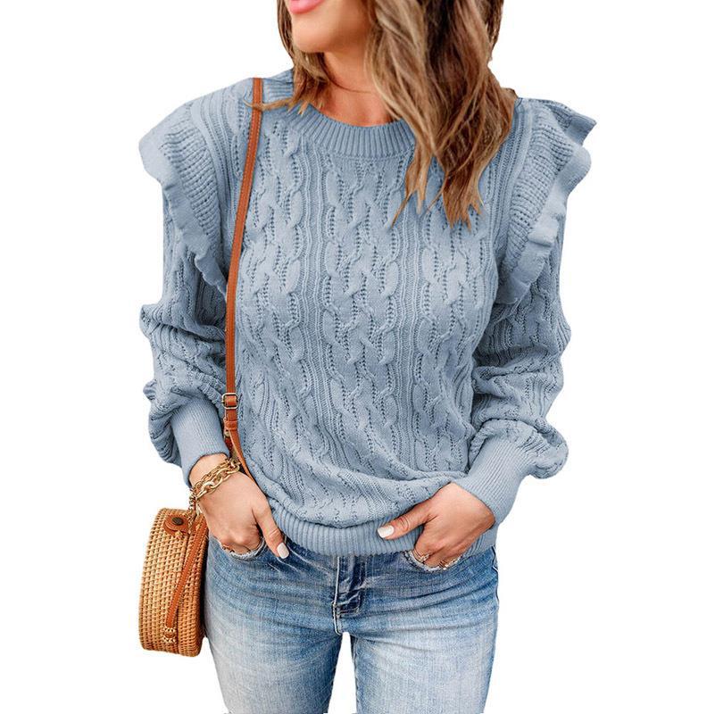 Women’s Thickened Solid Color Loose Sweater – Round Neck Flying Sleeve Ruffle Pullover, 7 Colors, S–3XL