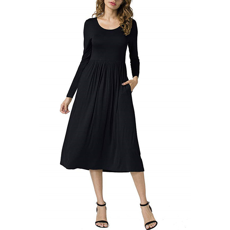 Women’s Long Sleeve A-Line Dress – Elegant Round Neck Solid Color Dress