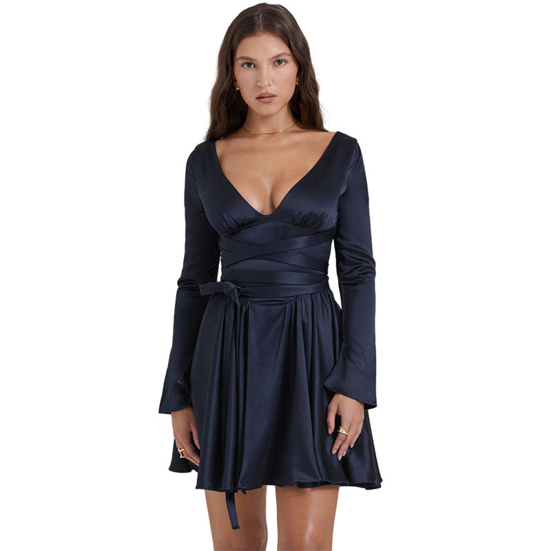 Women’s V-Neck Backless Dress with Waist Tie – Elegant Fashion Dress