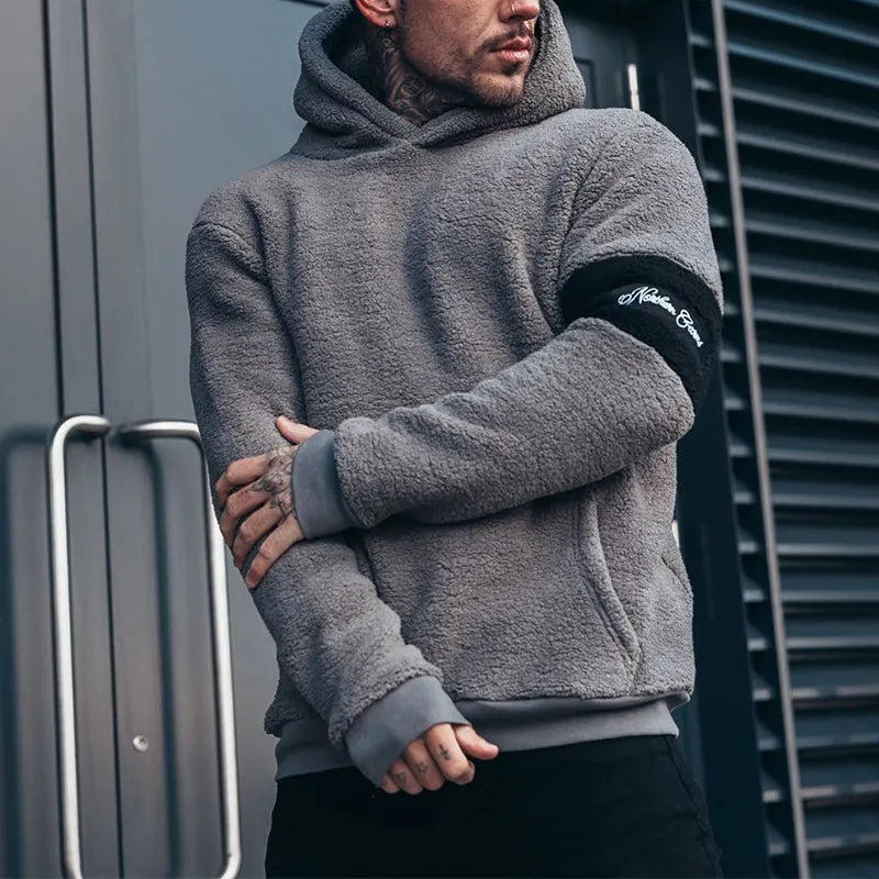 Men’s Hooded Plush Sweater – Warm Casual Winter Pullover, Black & Grey, S–3XL