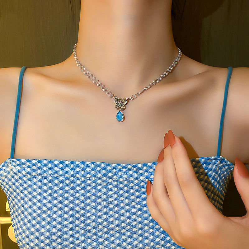 Korean Vintage Pearl Tassel Floral Bow Choker Necklace