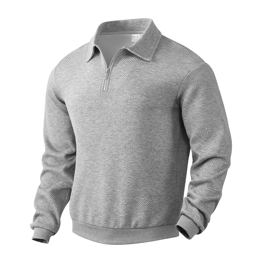 Men’s Lapel Jacquard Half Cardigan Sweater – Textured Polyester Long Sleeve Pullover, 5 Colors, S–3XL