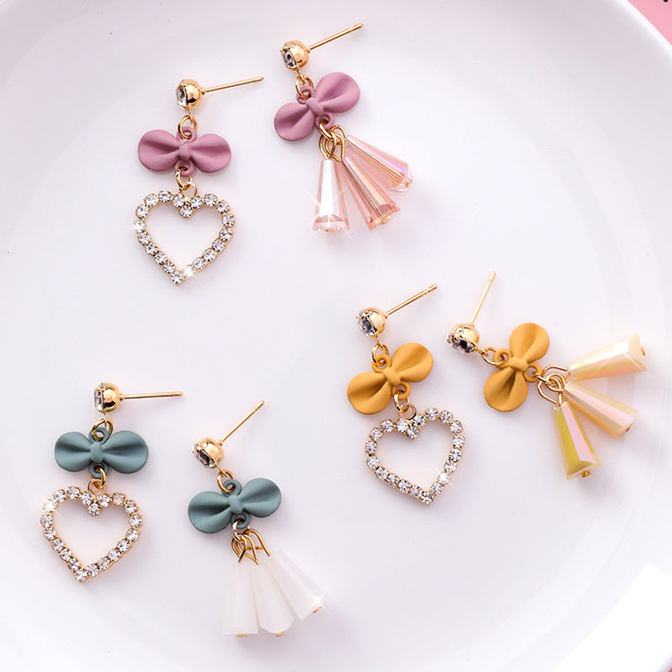 Heart Bow Tassel Asymmetric Earrings for Women – Romantic Dangle Jewelry