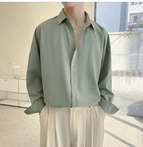 Men’s Retro Tencel Non-Iron Long Sleeve Shirt – Korean Style Draped Casual Shirt