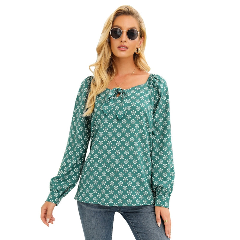 Women’s Strappy Round Neck Printed Top – Casual Long Sleeve Fashion Shirt