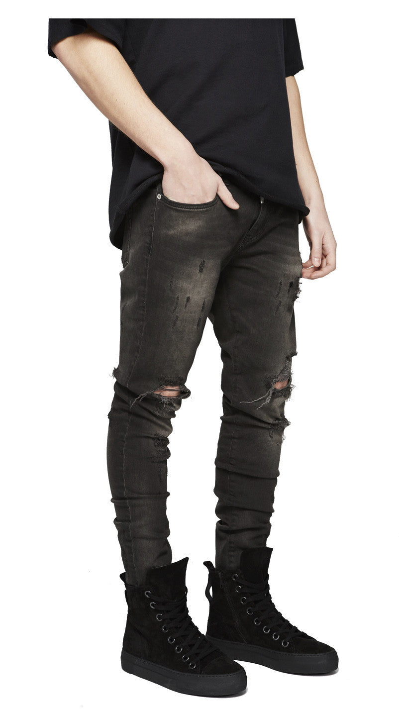 Men’s Street Knee Skinny Jeans – Cotton Stretch Mid-Waist Ripped Denim in Black & Blue, Sizes 28–38