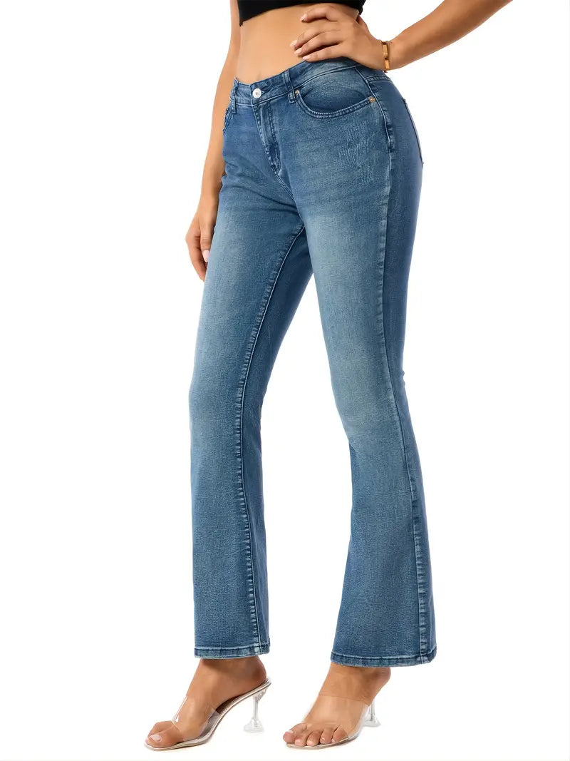 Women’s Blue High-Waist Flared Jeans – Micro-Elastic Slim-Fit Denim, S–XL