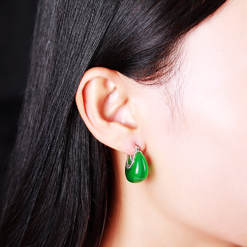 Vintage 925 Silver Cat’s Eye Earrings – Elegant Thai-Inspired Green & White Jewelry
