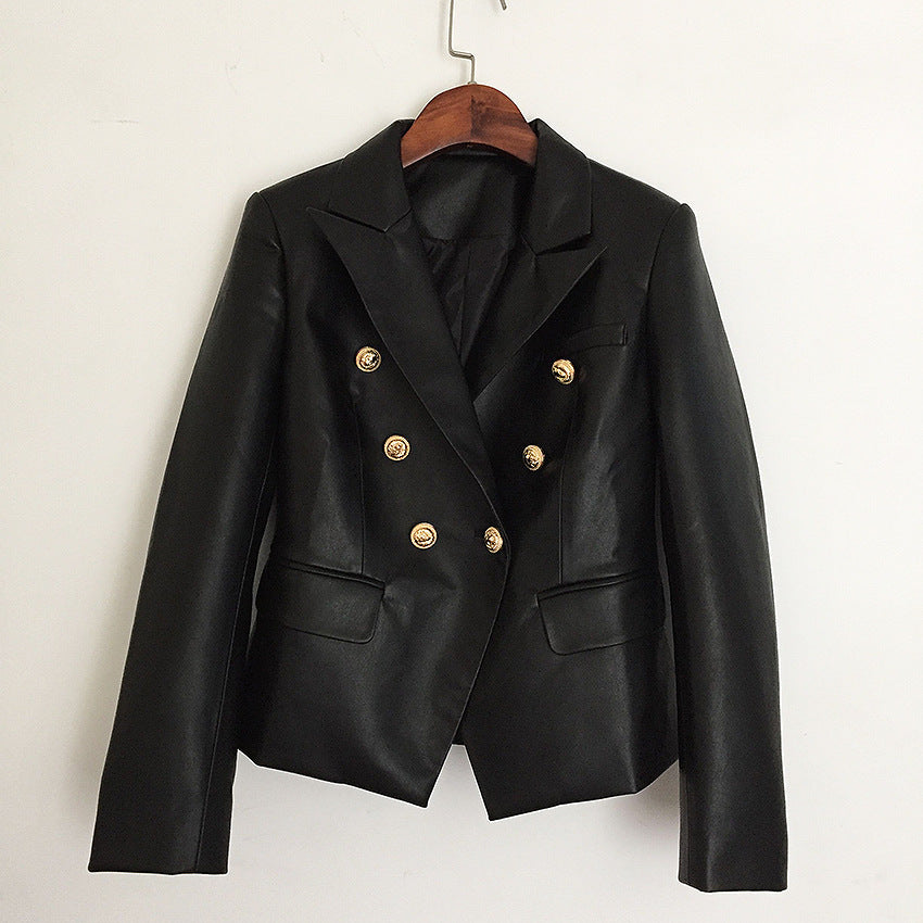 Women’s Black Faux Leather Blazer – Double-Breasted Lion Button Tailored Jacket, S–3XL