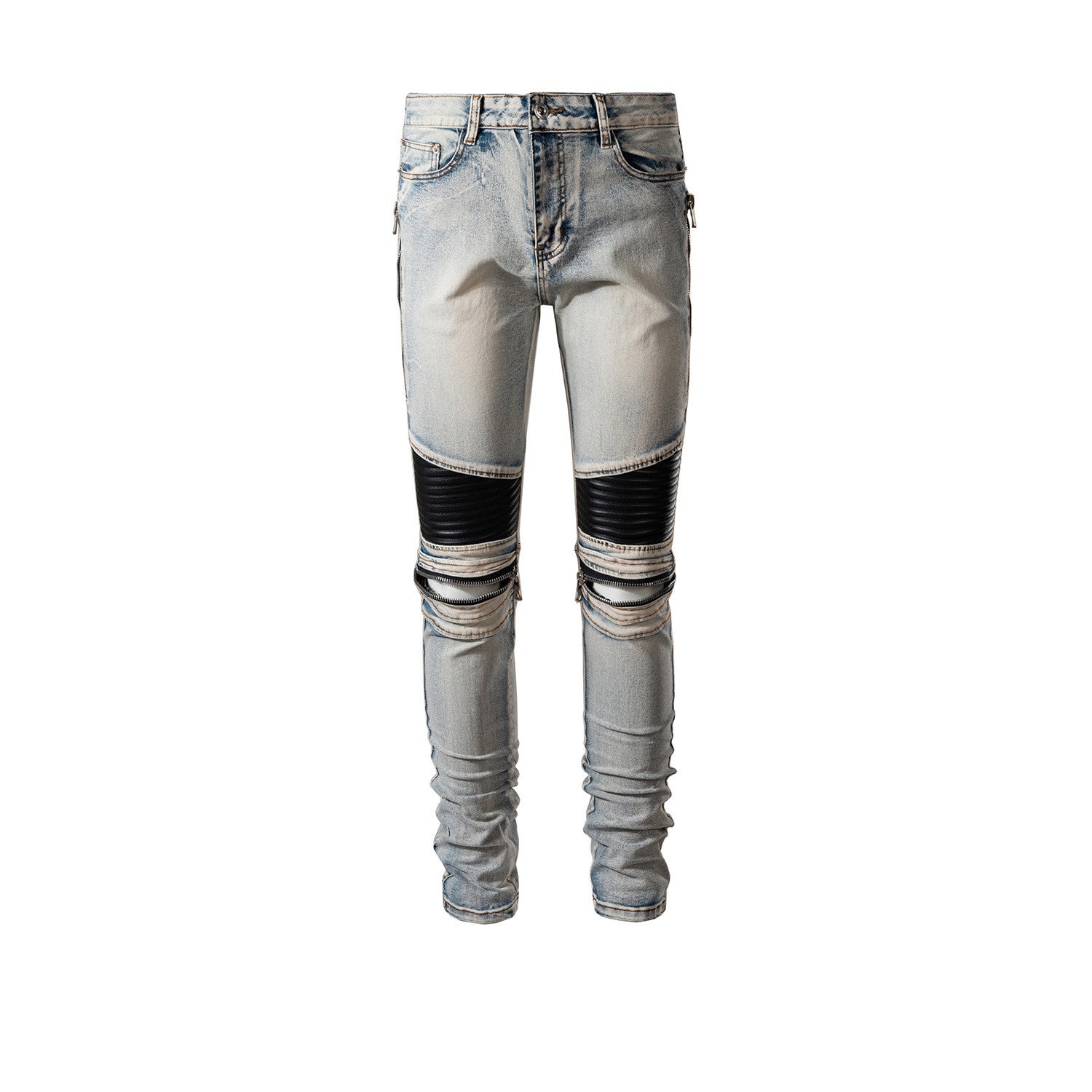 Men’s Leather Patch Trousers with Knee Zippers – Biker Style Casual Pants