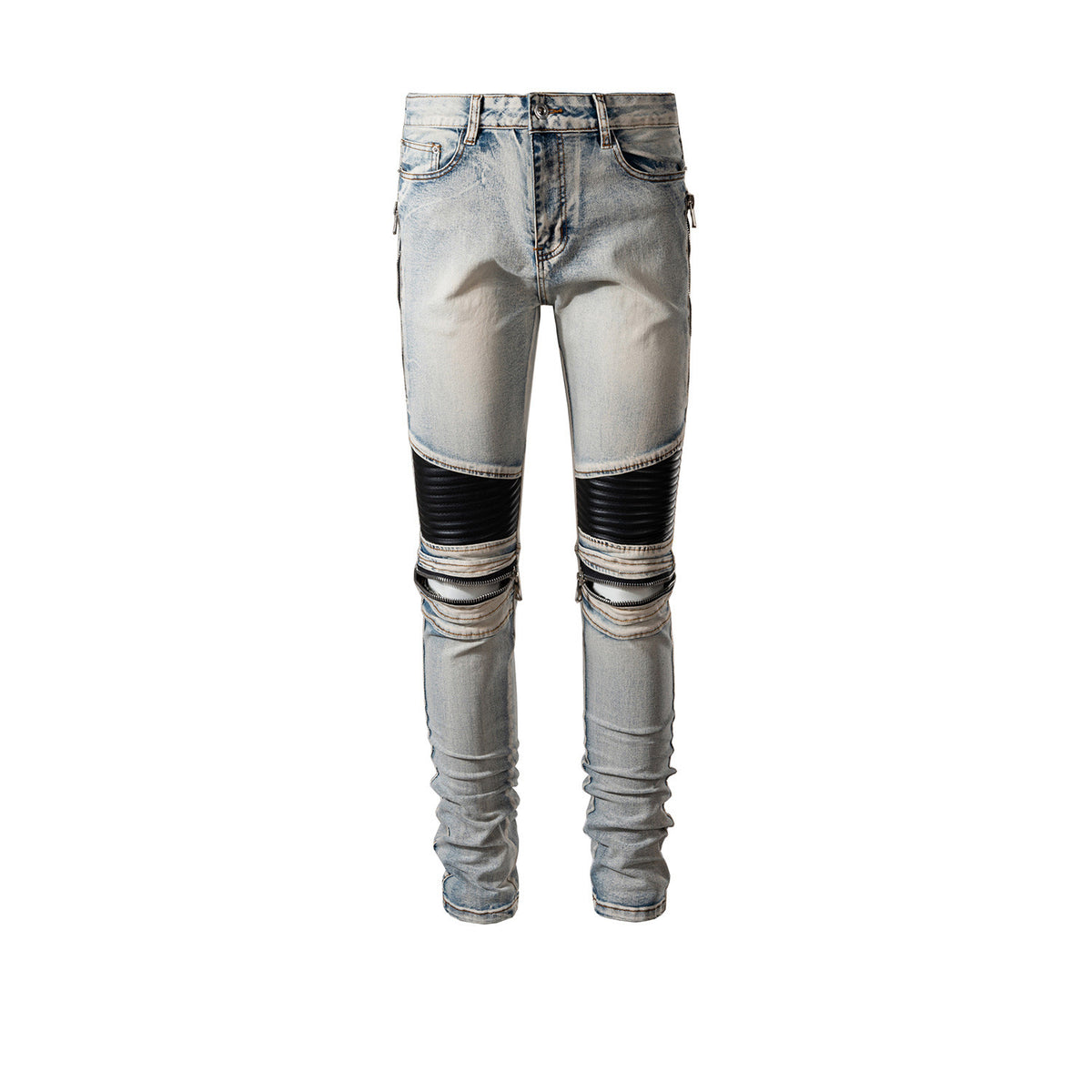 Men’s Leather Patch Trousers with Knee Zippers – Biker Style Casual Pants