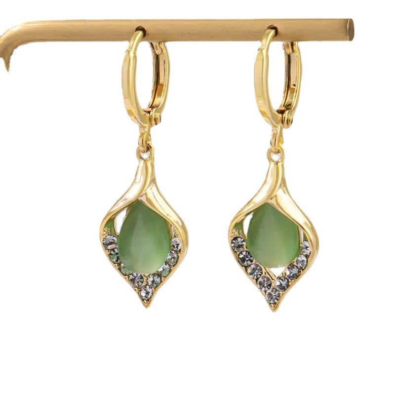 Cat’s Eye Teardrop Earrings – Geometric Alloy Jewelry with Sparkling Accents