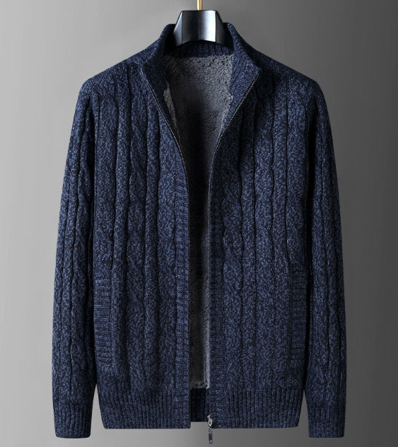 Men’s Thick Thermal Fleece-Lined Cardigan Sweater – Half-Turtleneck Winter Knit, 4 Colors, L–7XL