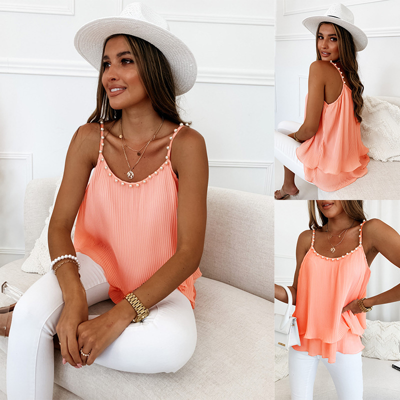 Women’s Pearl Accent Pleated Tank Top – Elegant Sleeveless Summer Blouse