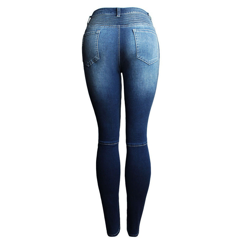 Women’s European-Style Ripped Skinny Jeans – Elastic Cotton Mid-Rise Blue Distressed Denim, S–3XL