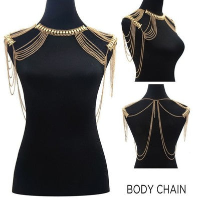 Women’s Exaggerated Metal Fringe Body Chain – Multi-Layer Tassel Shoulder Necklace, Gold & Silver