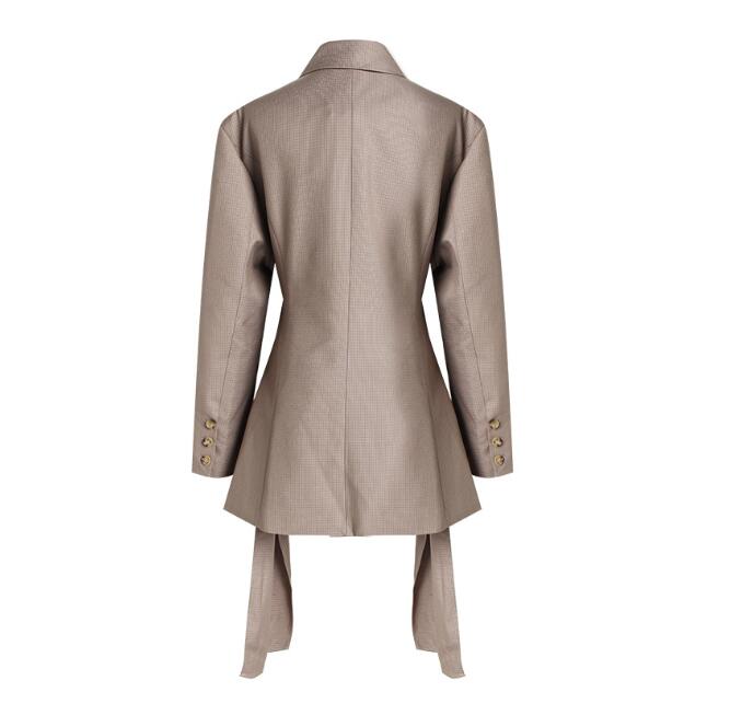 Women’s Designer Khaki Plaid Blazer – Slim-Fit Hollow-Out Long Tailored Jacket, S–L