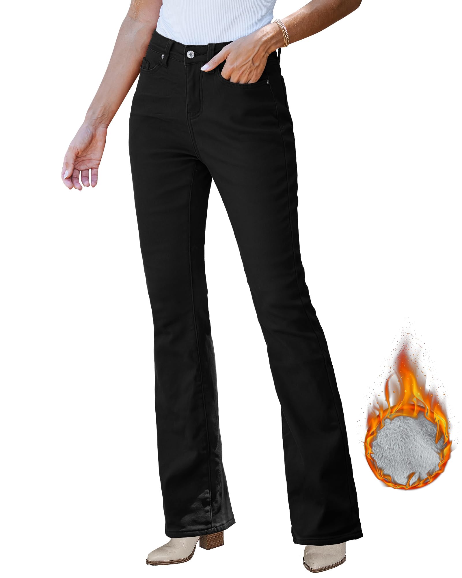 GRAPENT Black Bootcut Jeans for Women – High-Waist Fleece-Lined Flare