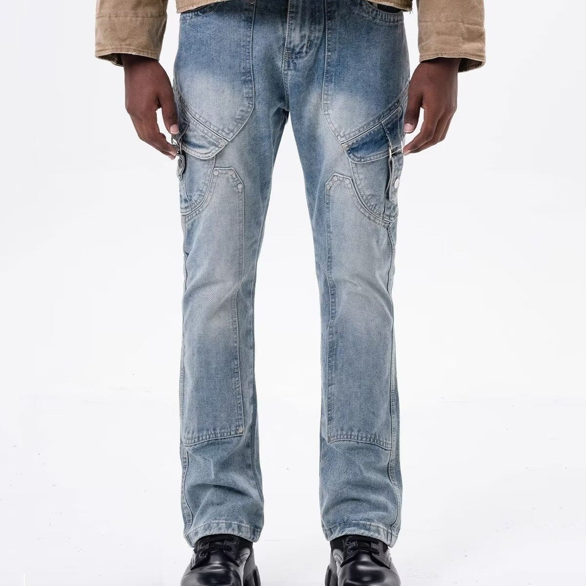 Men’s Multi-Pocket Straight-Leg Stitching Jeans – Mid-Waist Non-Stretch Blue Utility Denim, S–3XL