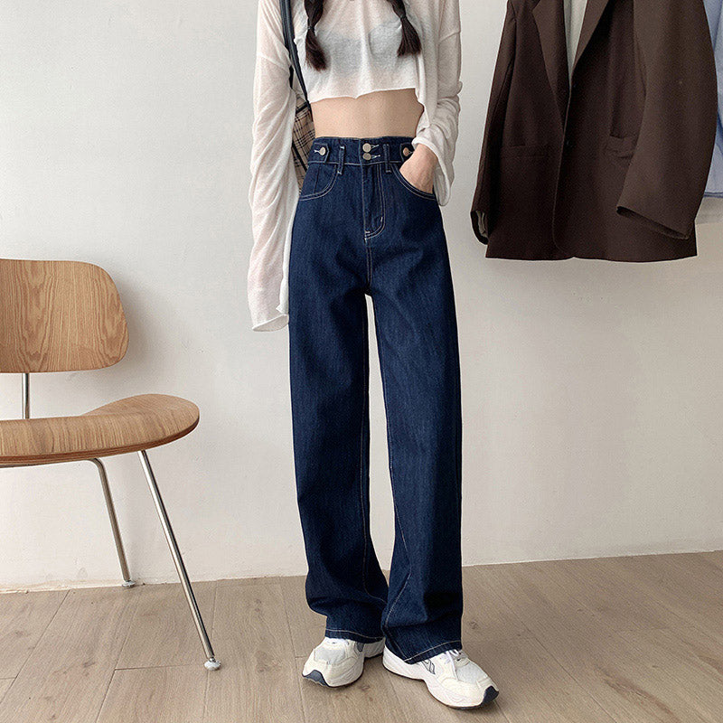 Women’s High-Rise Loose Straight-Leg Jeans – 91%–99% Cotton Relaxed Denim in Dark Blue, XS–XL