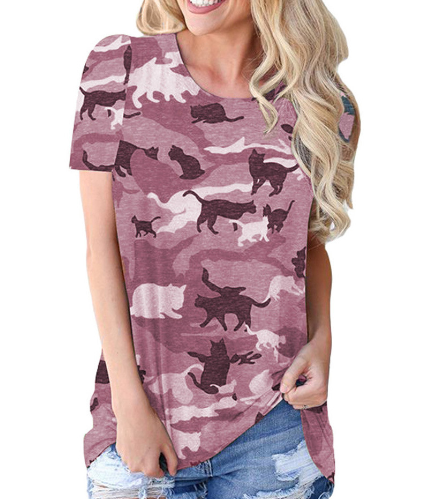 Casual Camouflage Cat Print T-Shirt for Women
