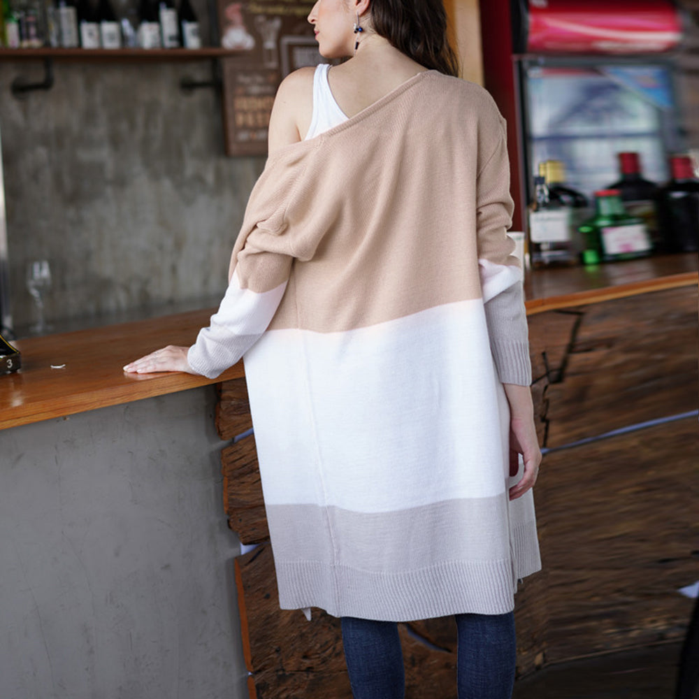 Women’s Striped Knit Long Cardigan Sweater – Cotton Half-Open Collar Casual Cardigan, 5 Colors, S–XL