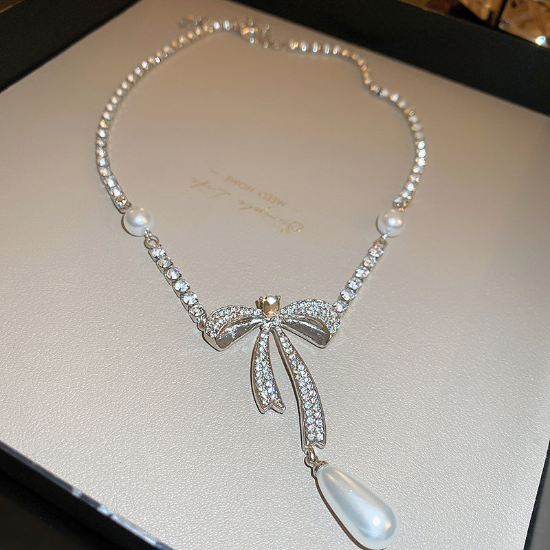 Korean Vintage Pearl Tassel Floral Bow Choker Necklace