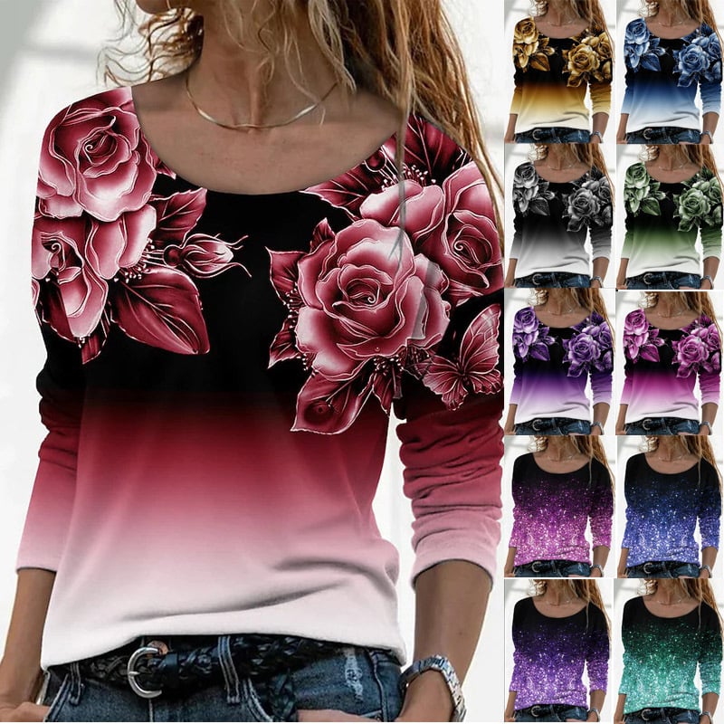 3D Printed Casual Long Sleeve Pullover T-Shirt for Women