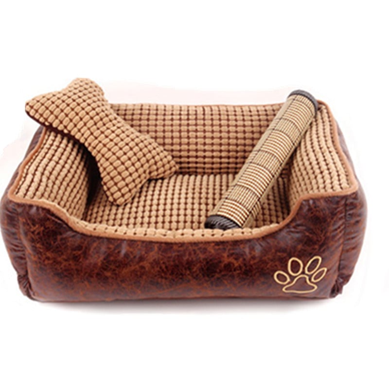 Luxury Leather Dog Bed – Cozy Kennel Pet Sofa with Soft Blanket & Summer Mat