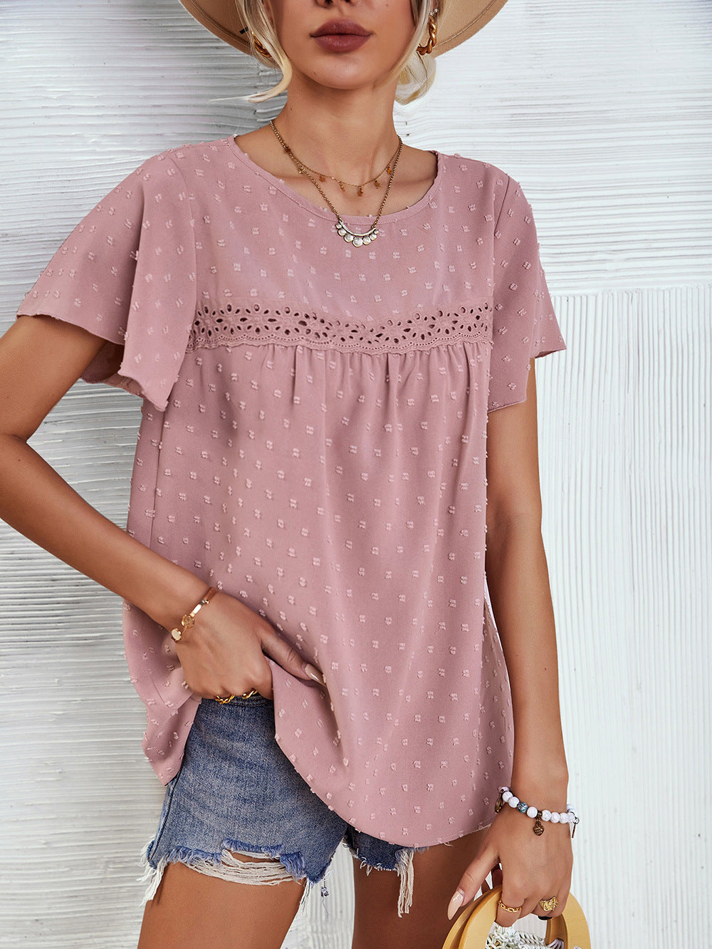 Women’s Solid Color Lace Babydoll Top – Short Sleeve Summer Blouse
