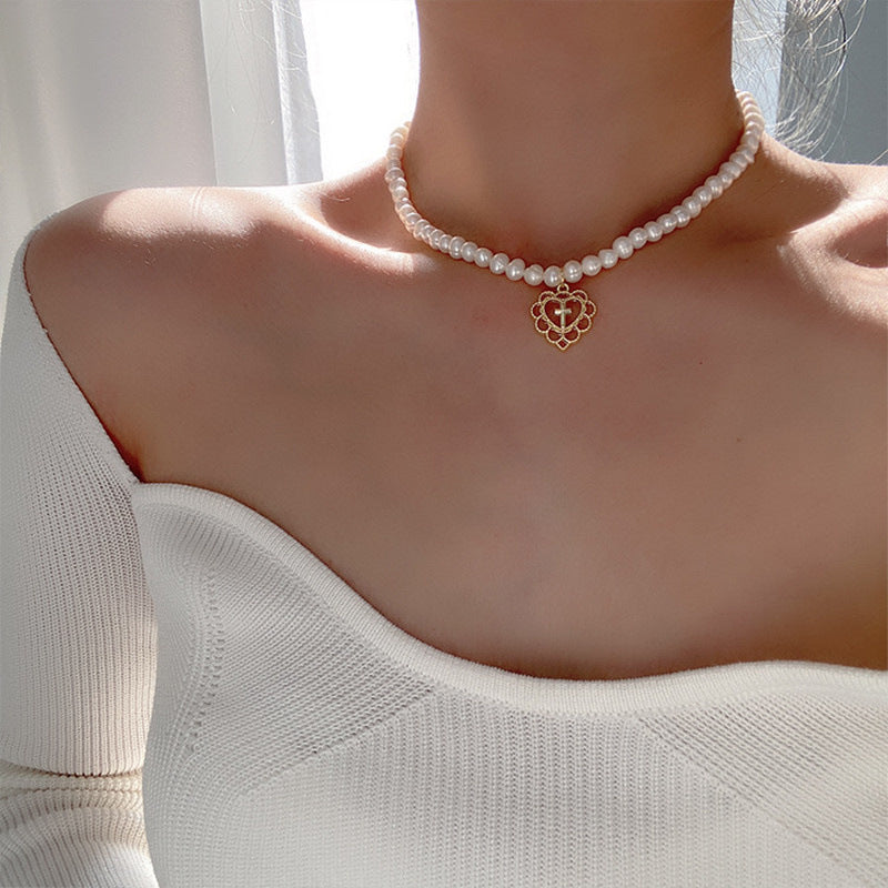Retro Women's Heart Cross Pendant Pearl Choker Necklace