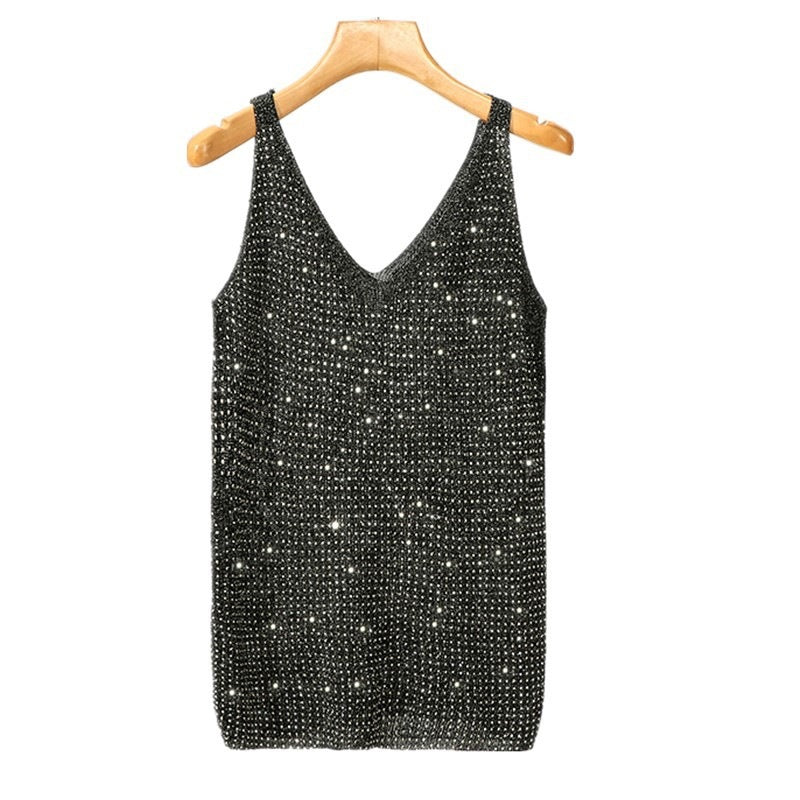 Inlaid Hot Diamond V-neck Knitted T-shirt for Women