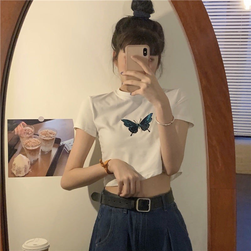 Summer Butterfly Print Short Sleeve T-Shirt for Women