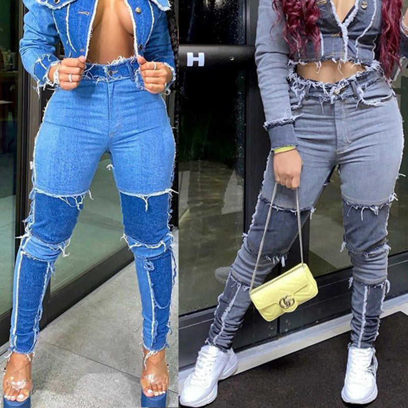 Women’s Colorblock High-Waist Skinny Jeans – Cotton-Blend Autumn Pants, S–3XL