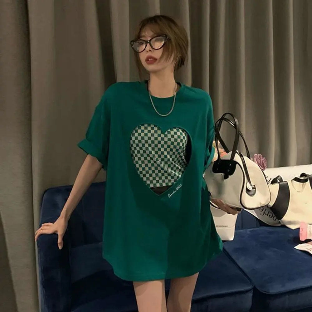 Korean Plaid Oversized T-Shirt Two-Piece Set for Women