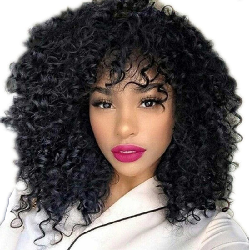 Black Long Curly Wig for Women – Fluffy Small Curls with Long Bangs