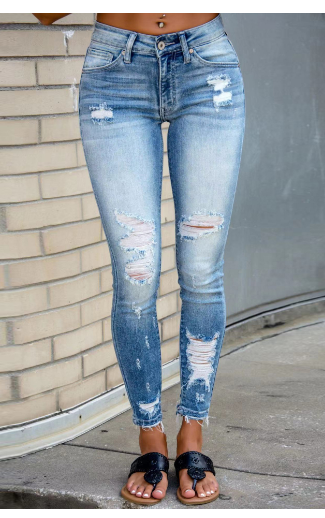 Women’s Ripped Stretch Skinny Jeans – Blue Mid-Waist Pencil Denim, S–2XL
