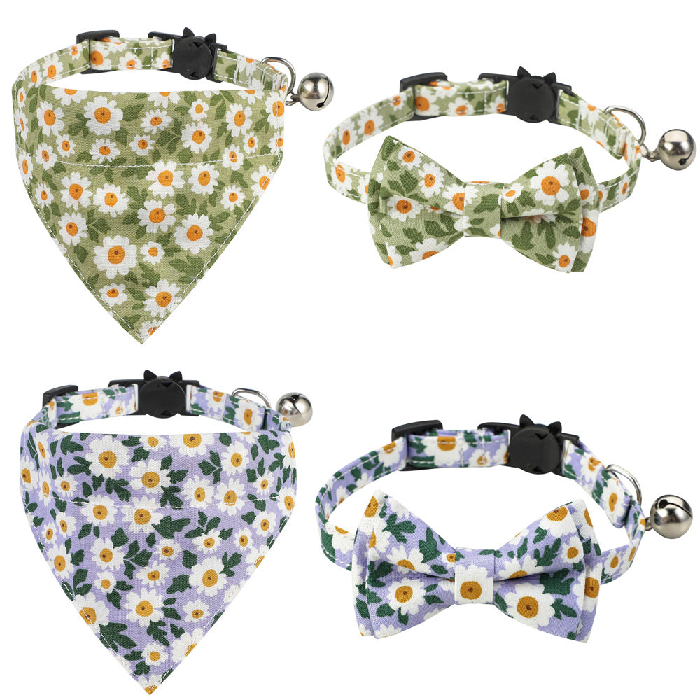 Cotton Floral Cat Collar with Bow – Adjustable 28CM Fashion Collar & Scarf for Cats