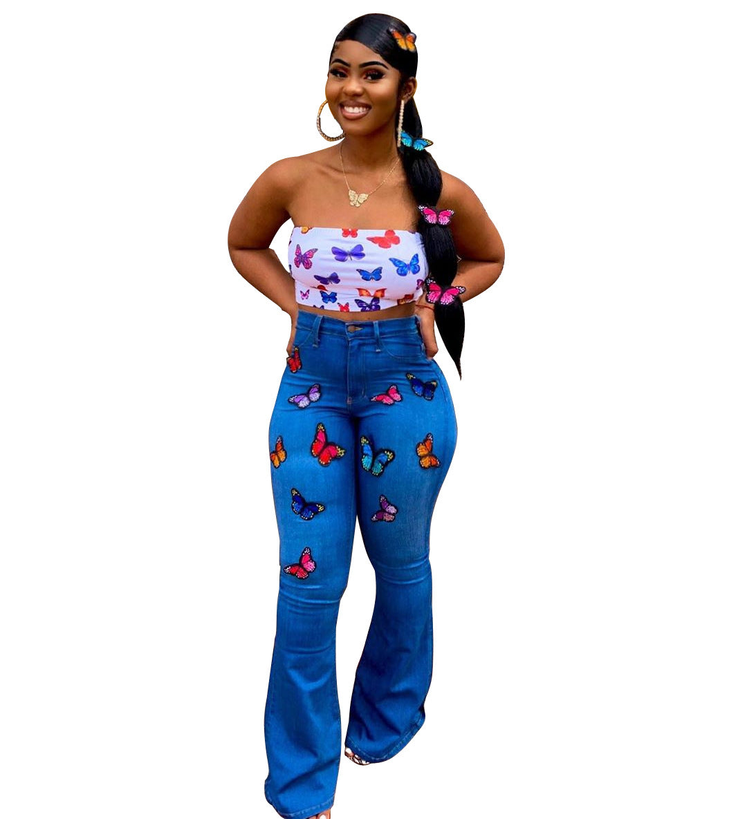 Women’s Embroidered Butterfly Rhinestone Flare Jeans – Blue Wide-Leg Statement Denim, S–3XL