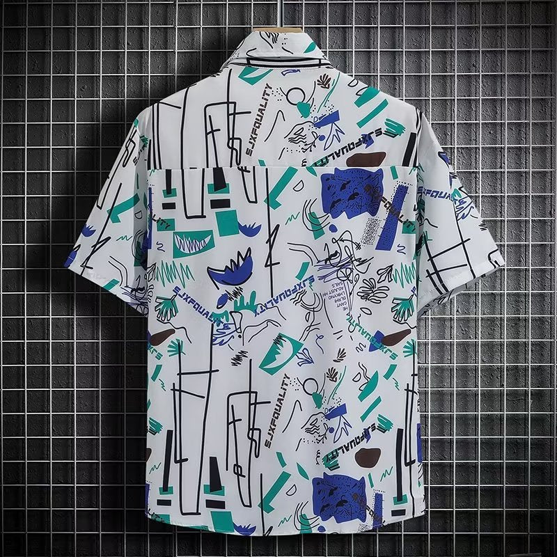 Men’s Summer Graffiti Polo Shirt – Breathable Ice Shreds Print Loose Fit Short Sleeve Shirt, M–3XL