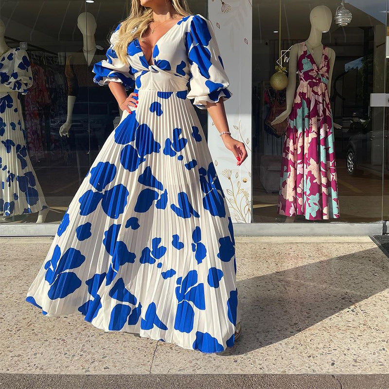 Women’s Elegant Blue Printed High-Waist Dress – Soft Polyester Half-Sleeve Dress, S–XL