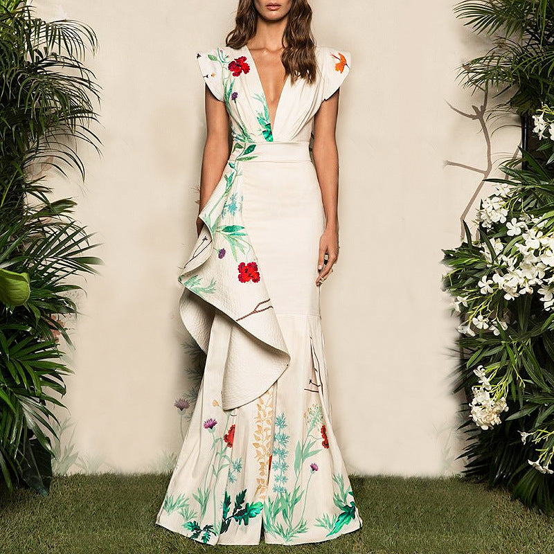 Elegant Mermaid Evening Gown – White V-Neck Ruffled Formal Dress
