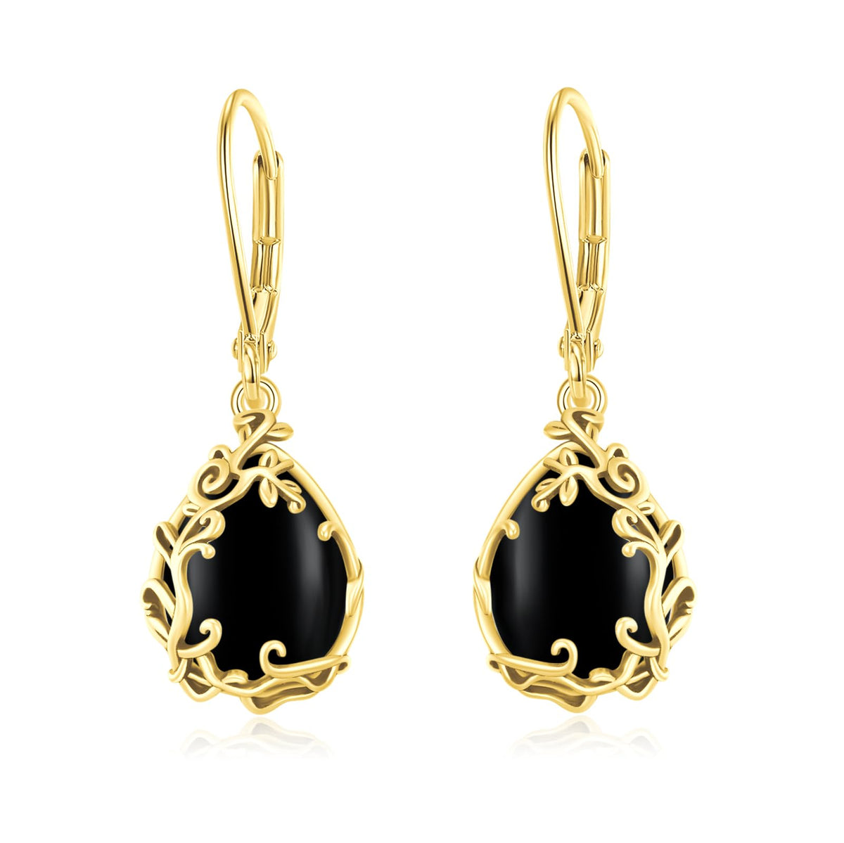 Black Onyx Filigree Teardrop Earrings – 14K Gold Leverback Dangle Earrings