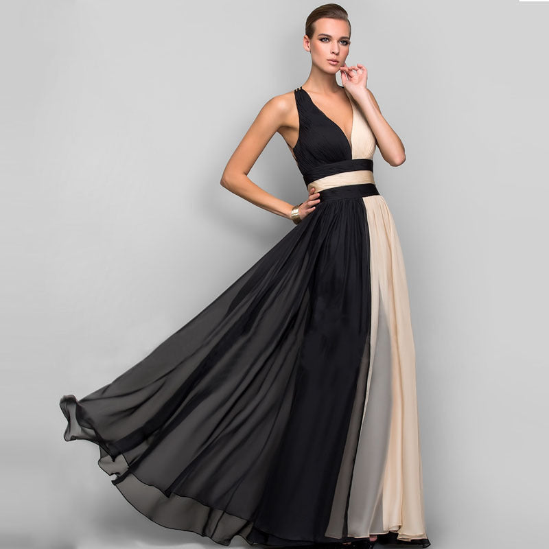 Women’s V-Neck Backless Maxi Dress – Elegant Color Block Evening Gown
