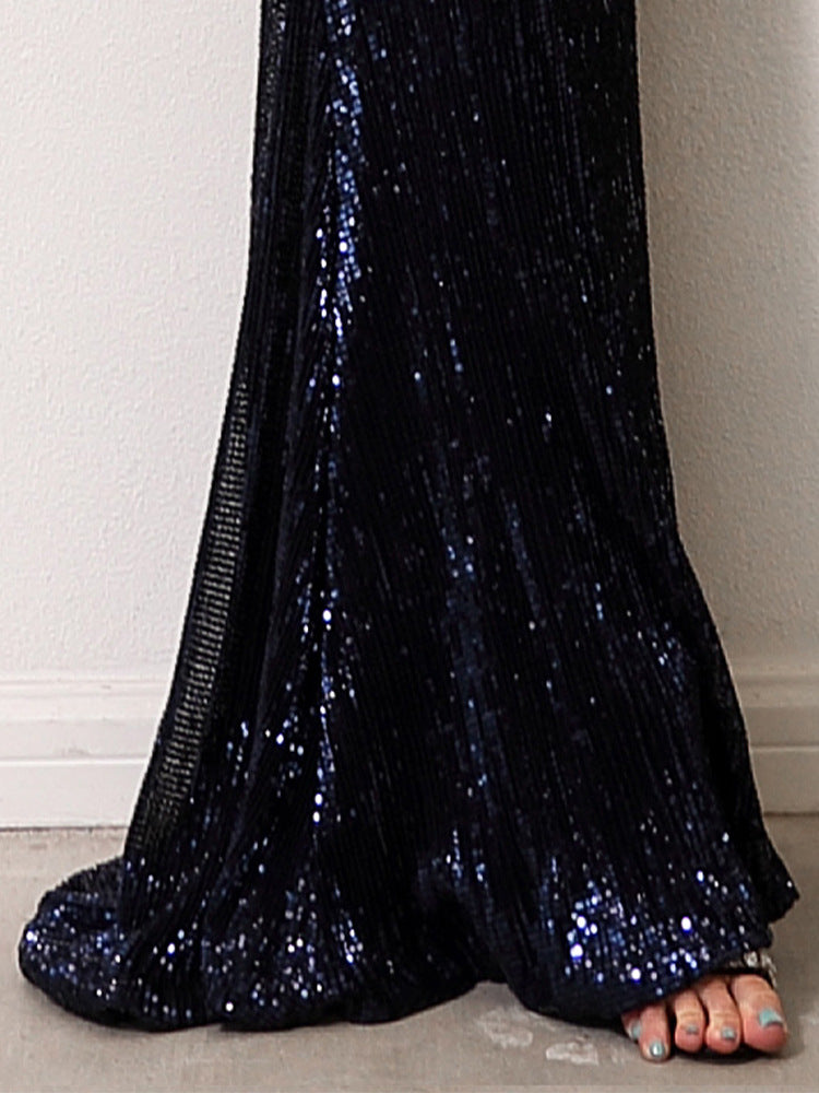 Women’s One-Shoulder Sequin Evening Gown – Elegant Long Sleeve Formal Dress